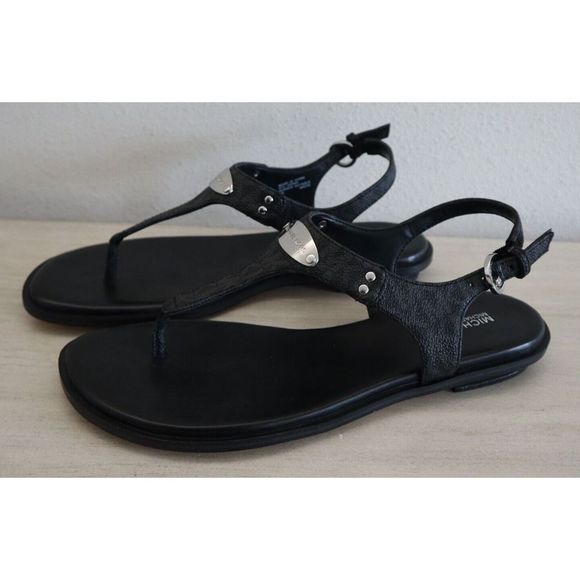 Michael Kors ME21K Women's Sz 9M Black Mallory Leather Logo T-Strap Sandals - Picture 5 of 9